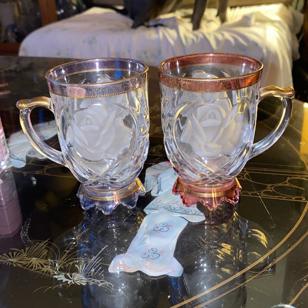 Set of 2 Crystal Mugs by Mikasa With frosted rose pattern, frosted glass Roses